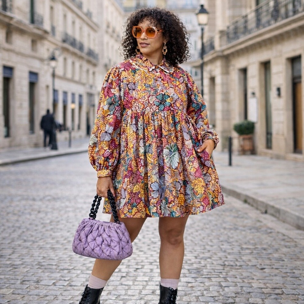 Kika Vargas x Target Floral Babydoll Dress L Scallop Collar Puff Sleeve Cotton